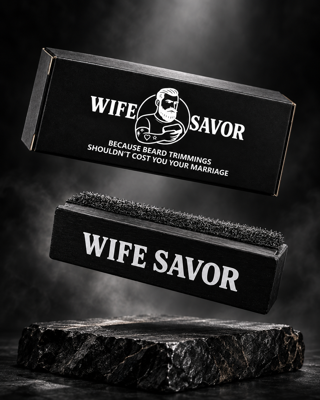 Wife Savor beard sponge and packaging floating dramatically over dark stone under a spotlight