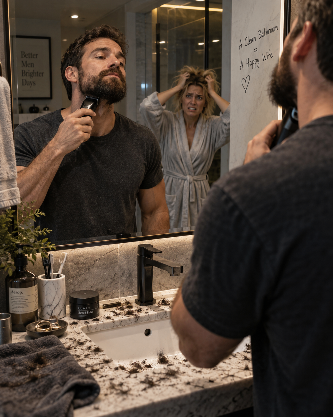 Wife pulling her hair out in frustration as beard trimmings cover the bathroom sink